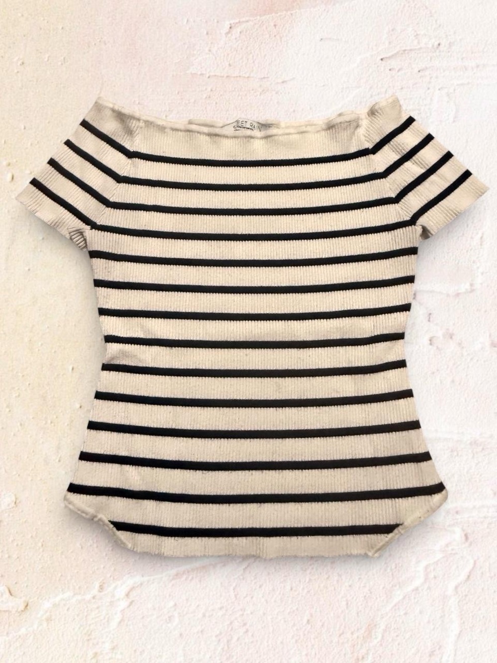 Sweet Rain Cream and Black Off-Shoulder Striped Tee